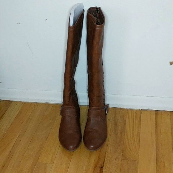Not rated "mockingbird" tan/brown faux leather knee high studded boots - Picture 2 of 11